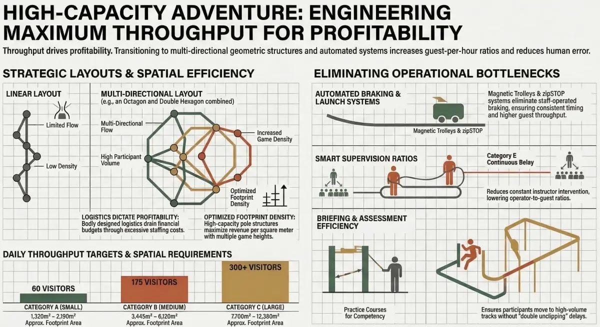 Multi-directional ropes course layout design improving guest throughput
