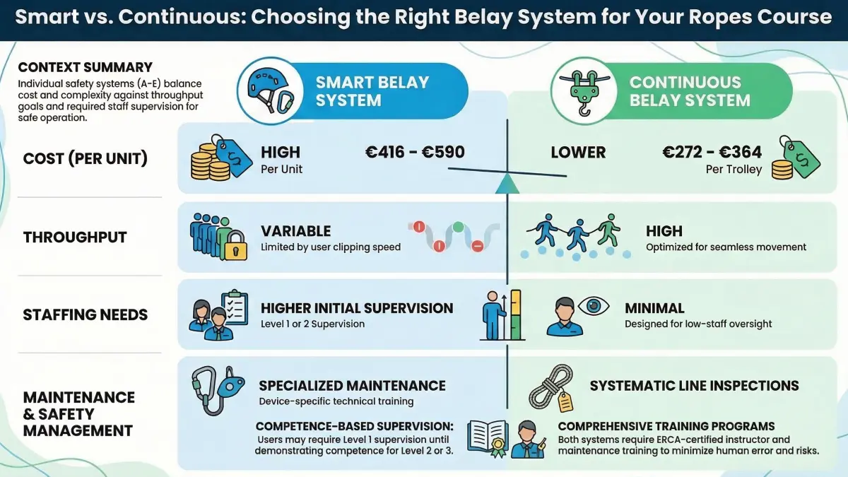 Are you upgrading your ropes course belay systems? Compare continuous setups and interlocking carabiners to find the perfect fit.