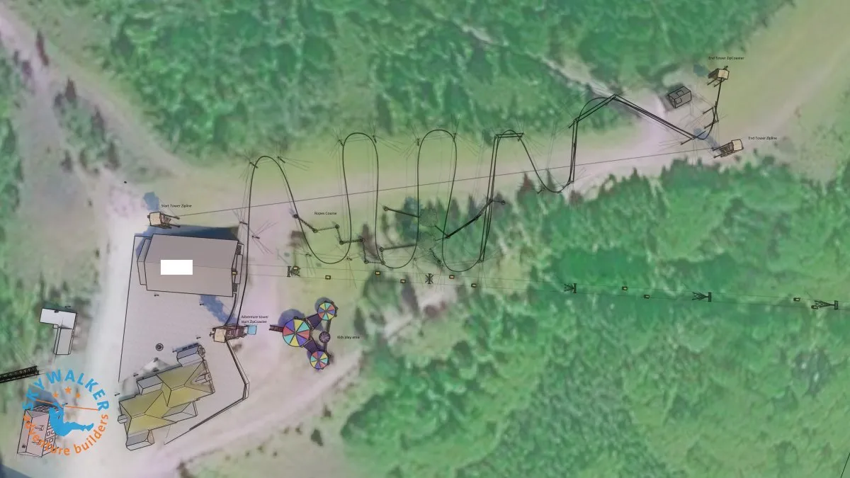 3D design rendering of a multi-level high ropes course and adventure tower