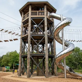 Skywalker adventure park installation — completed forest park with suspended walkways