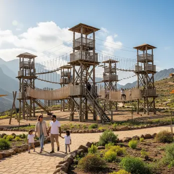 High ropes course elements in mature forest canopy — Skywalker construction