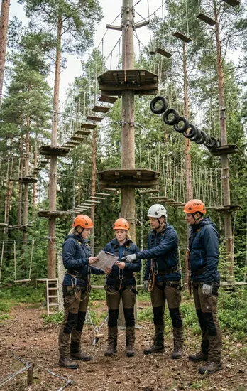 Skywalker inspector examining ropes course hardware on-site