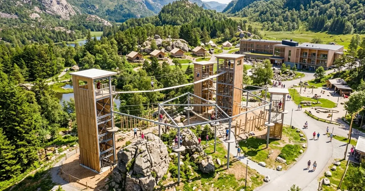 Overhead view demonstrating centralized adventure park infrastructure and optimized visitor flow mapping.