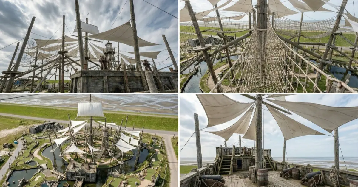 Elevated ropes course built over a mini golf green, showing efficient use of vertical space.