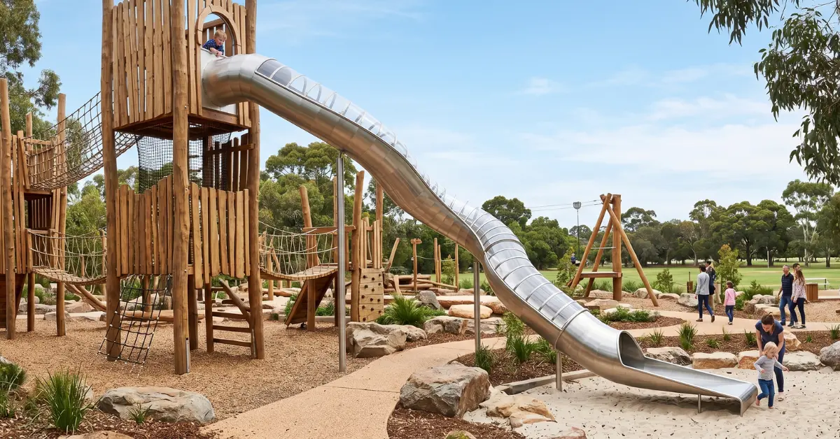 Vista completa de un parque de aventuras comercial con grandes toboganes de tubo de acero inoxidable